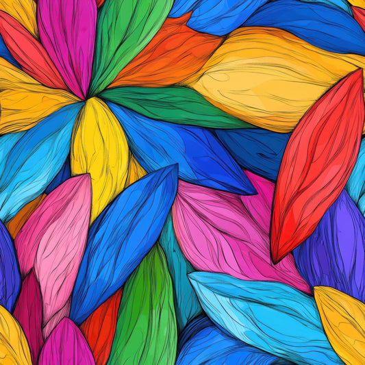 vibrant colors, rainbow petals, floral pattern, abstract flowers, quilting cotton, fabric panel, bright blues, hot pink, emerald green, golden yellow, orange hues, purple accents, red petals, geometric florals, contemporary art, kaleidoscope design, colorful blooms, modern floral, artistic petals, prism effect