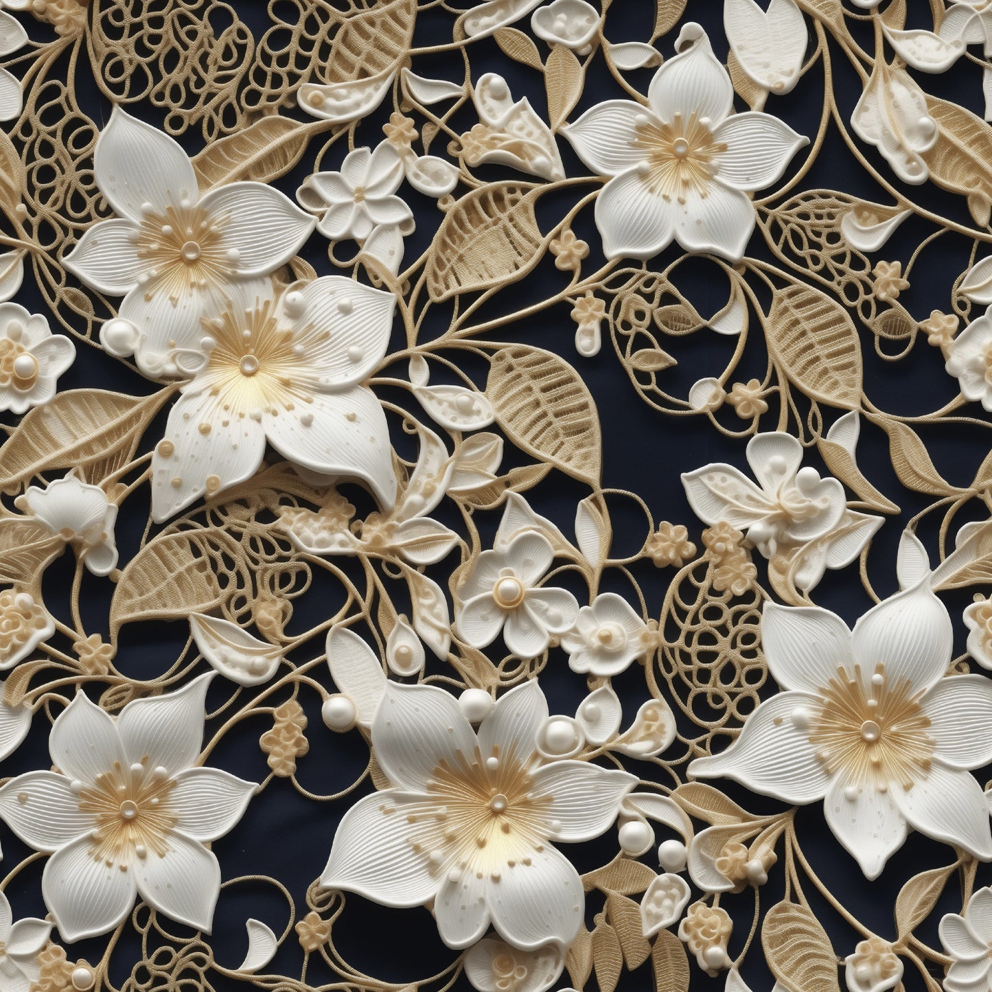 cream, ivory, beige, navy blue, floral pattern, lace design, tatting lace, botanical motifs, elegant flowers, delicate leaves, intricate scrollwork, ornate details, quilting cotton, fabric panel, vintage inspired, dimensional effect, feminine design, decorative flourishes, pearl accents, sophisticated pattern