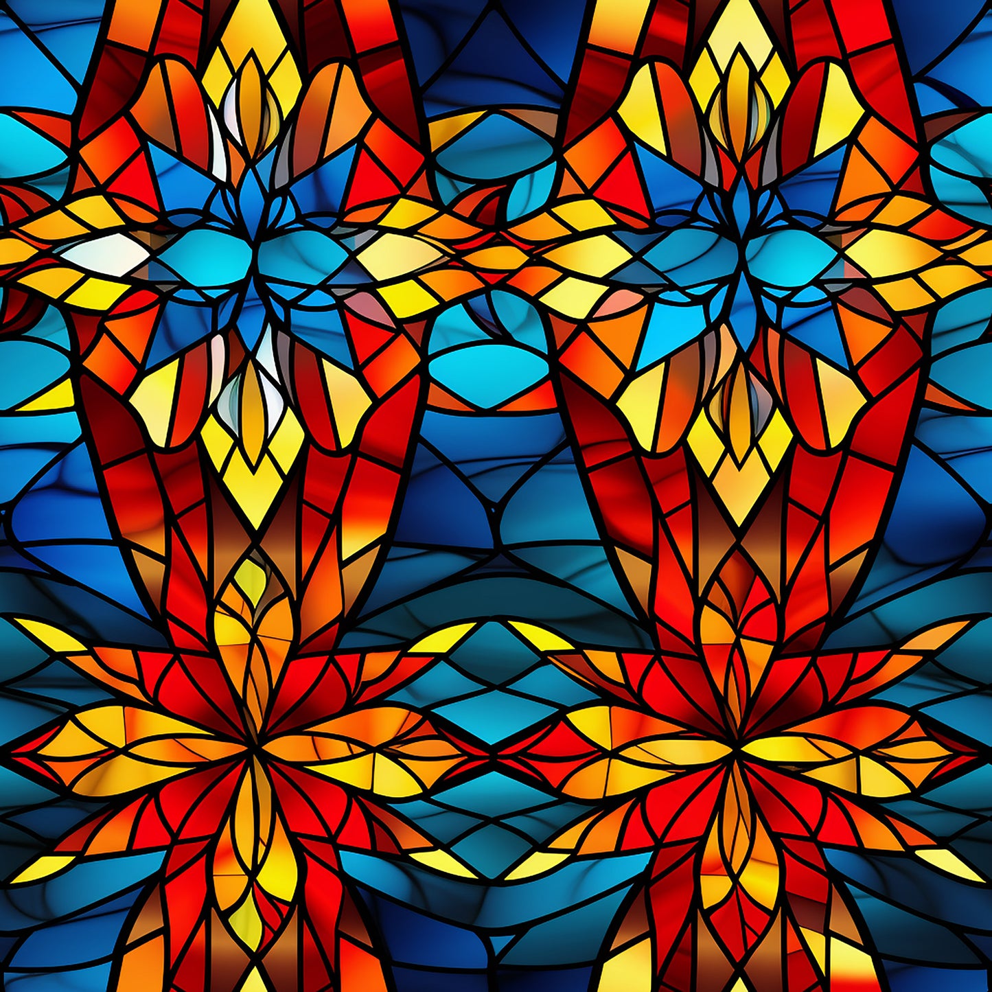 stained glass, kaleidoscope pattern, geometric design, vibrant colors, red, blue, yellow, orange, turquoise, symmetrical motifs, floral elements, radiating petals, mosaic style, jewel tones, quilting cotton, fabric panel, christmas theme, holiday fabric, artistic pattern, decorative geometric