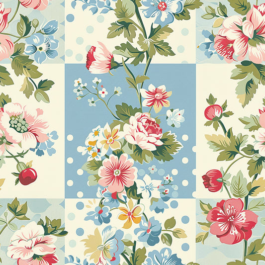 cottage core, floral pattern, vintage flowers, pink roses, blue flowers, cream background, pastel colors, quilting cotton, fabric panel, botanical design, patchwork blocks, soft blue, coral pink, green leaves, polka dots, romantic florals, shabby chic, spring flowers, cotton fabric, quilting material