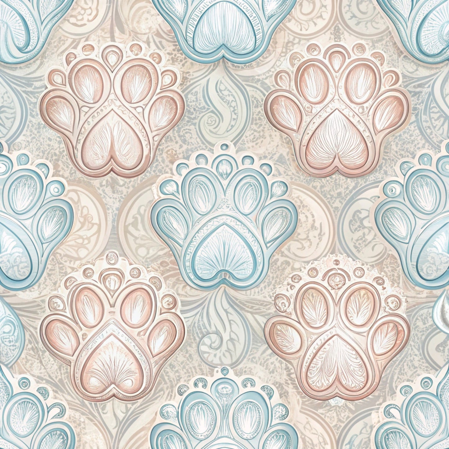 dog paws, paw prints, beige, dusty rose, sage green, soft blue, paisley pattern, ornate design, decorative motifs, quilting cotton, fabric panel, pet themed, intricate details, vintage style, elegant pattern, repeating design, animal prints, textured appearance, craft fabric, sewing material