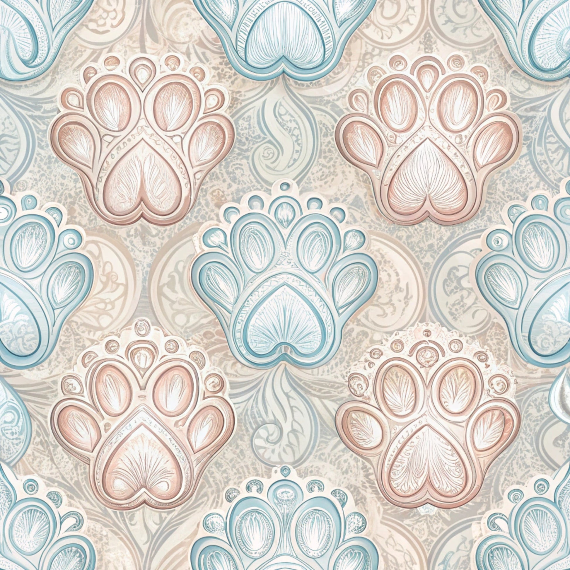 dog paws, paw prints, beige, dusty rose, sage green, soft blue, paisley pattern, ornate design, decorative motifs, quilting cotton, fabric panel, pet themed, intricate details, vintage style, elegant pattern, repeating design, animal prints, textured appearance, craft fabric, sewing material