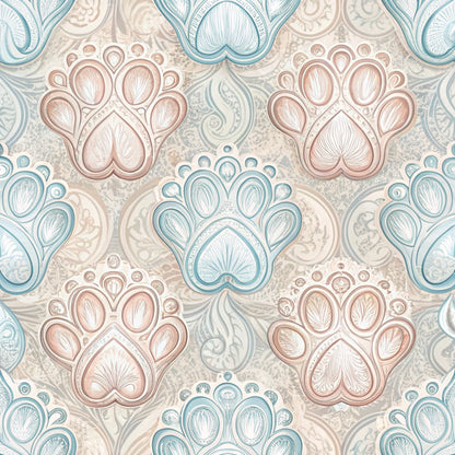 dog paws, paw prints, beige, dusty rose, sage green, soft blue, paisley pattern, ornate design, decorative motifs, quilting cotton, fabric panel, pet themed, intricate details, vintage style, elegant pattern, repeating design, animal prints, textured appearance, craft fabric, sewing material