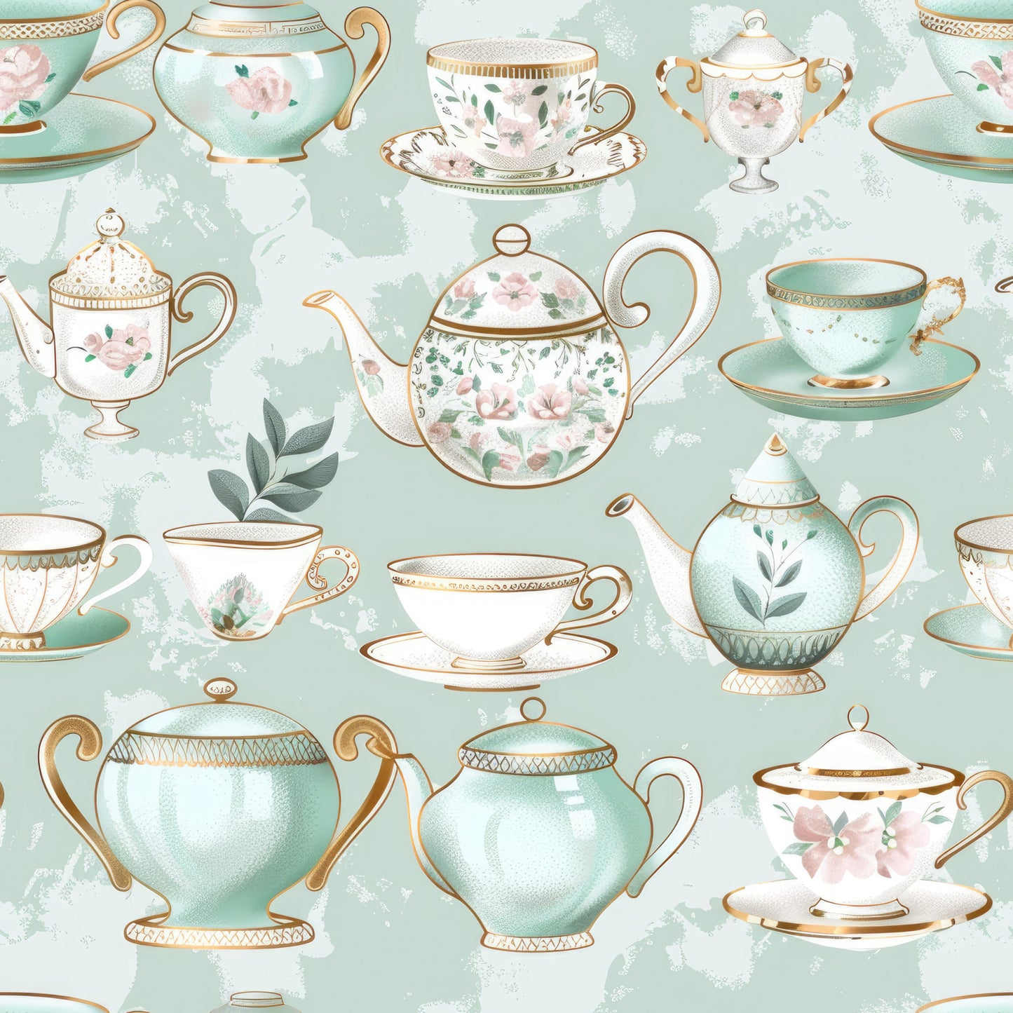 mint green, sage green, gold accents, pink florals, teacups, teapots, sugar bowls, floral motifs, vintage china, elegant handles, delicate patterns, tea party theme, botanical elements, leaves, watercolor style, whimsical design, quilting cotton, fabric panel, pastel palette, porcelain style