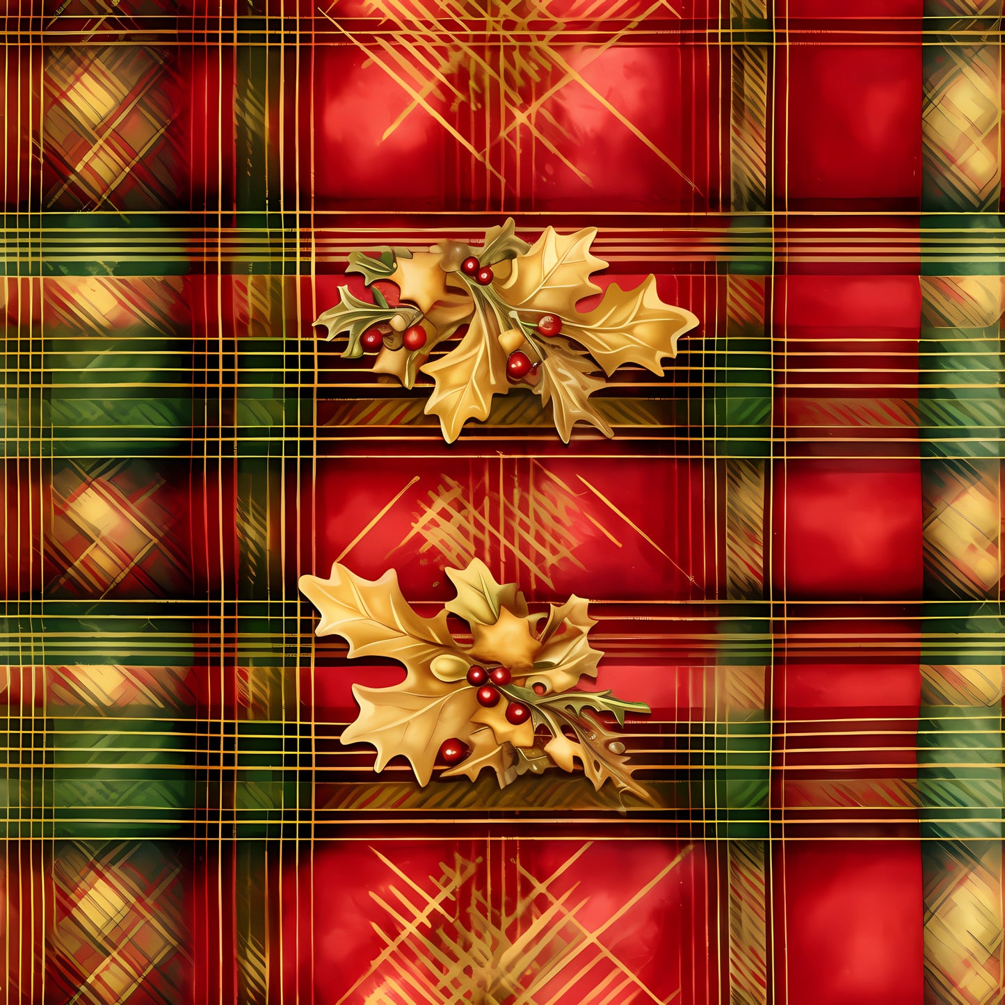 red, green, gold, plaid pattern, tartan design, holly leaves, red berries, christmas motif, festive design, quilting cotton, fabric panel, geometric stripes, seasonal decor, winter theme, holiday fabric, botanical elements, layered pattern, warm colors, rectangular blocks