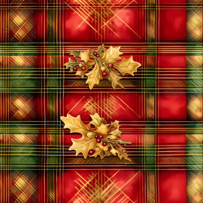 red, green, gold, plaid pattern, tartan design, holly leaves, red berries, christmas motif, festive design, quilting cotton, fabric panel, geometric stripes, seasonal decor, winter theme, holiday fabric, botanical elements, layered pattern, warm colors, rectangular blocks