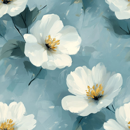 cornflower blue, white flowers, floral pattern, painted style, brushstroke texture, soft blue background, yellow stamens, green leaves, cotton fabric, quilting panel, delicate petals, botanical design, artistic florals, muted tones, spring blooms, fabric crafting, seamless pattern, watercolor effect, nature motifs