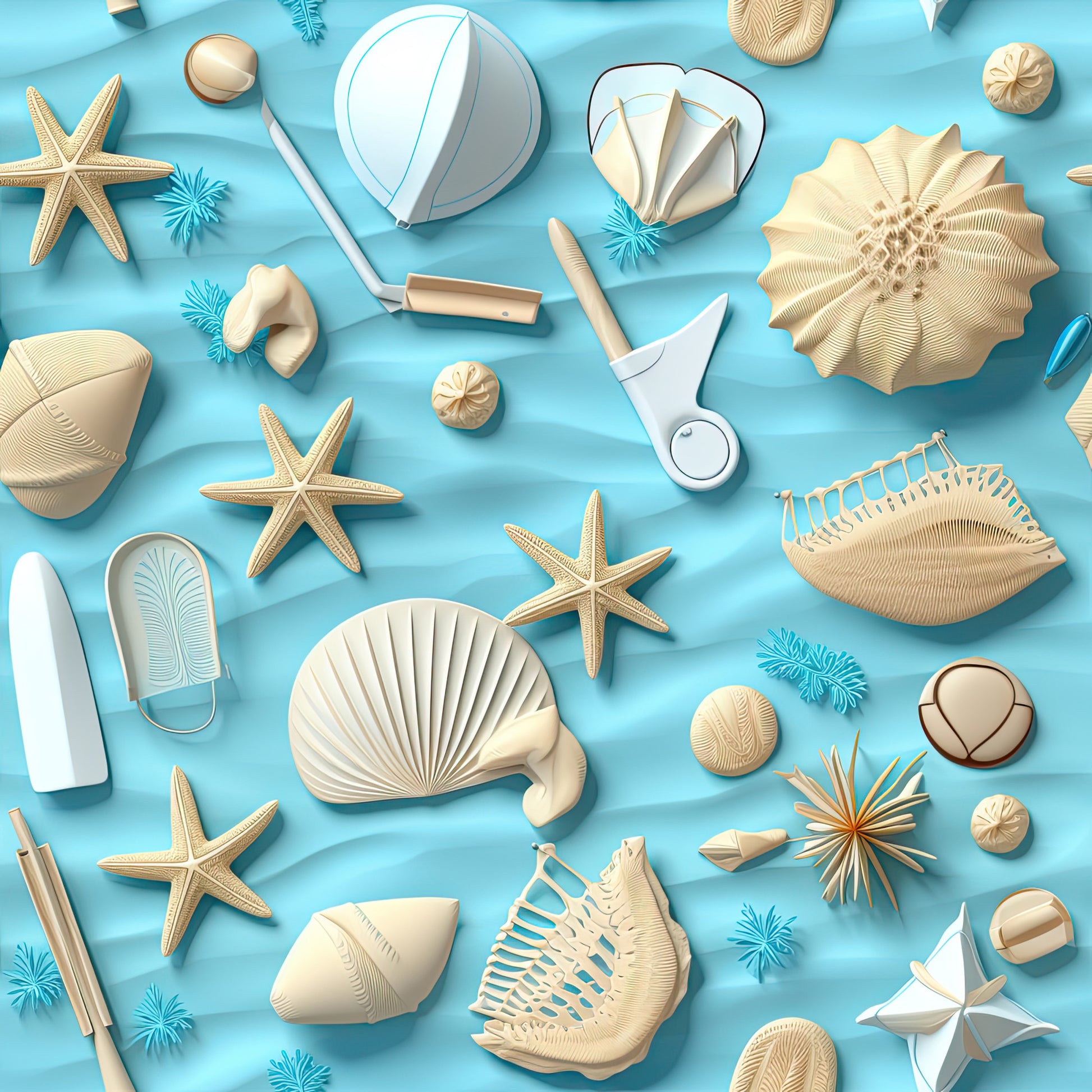 turquoise blue, cream beige, seashells, starfish, sand dollars, sea urchins, beach umbrella, flip flops, coastal pattern, ocean themed, nautical design, summer vibes, marine life, quilting cotton, fabric panel, tropical elements, seaside motifs, vacation style, aqua background, beach accessories