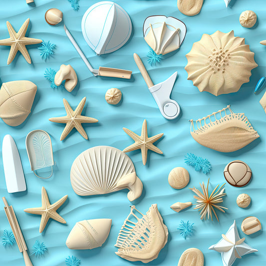 turquoise blue, cream beige, seashells, starfish, sand dollars, sea urchins, beach umbrella, flip flops, coastal pattern, ocean themed, nautical design, summer vibes, marine life, quilting cotton, fabric panel, tropical elements, seaside motifs, vacation style, aqua background, beach accessories