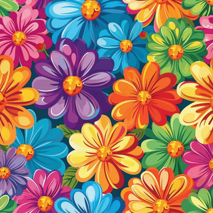 rainbow flowers, hippie style, retro floral, bright colors, pink flowers, blue flowers, orange flowers, purple flowers, green flowers, yellow flowers, daisy pattern, flower power, psychedelic design, vibrant blooms, quilting cotton, fabric panel, groovy aesthetic, colorful petals, cheerful mood, spring flowers