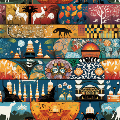 mosaic art, quilting cotton, fabric panel, geometric patterns, islamic architecture, ornamental designs, decorative motifs, orange, teal blue, burgundy, golden yellow, white silhouettes, animals, llamas, palm trees, architectural elements, domes, minarets, floral motifs, folk art style, cultural patterns, mediterranean colors, artistic blocks, patchwork design