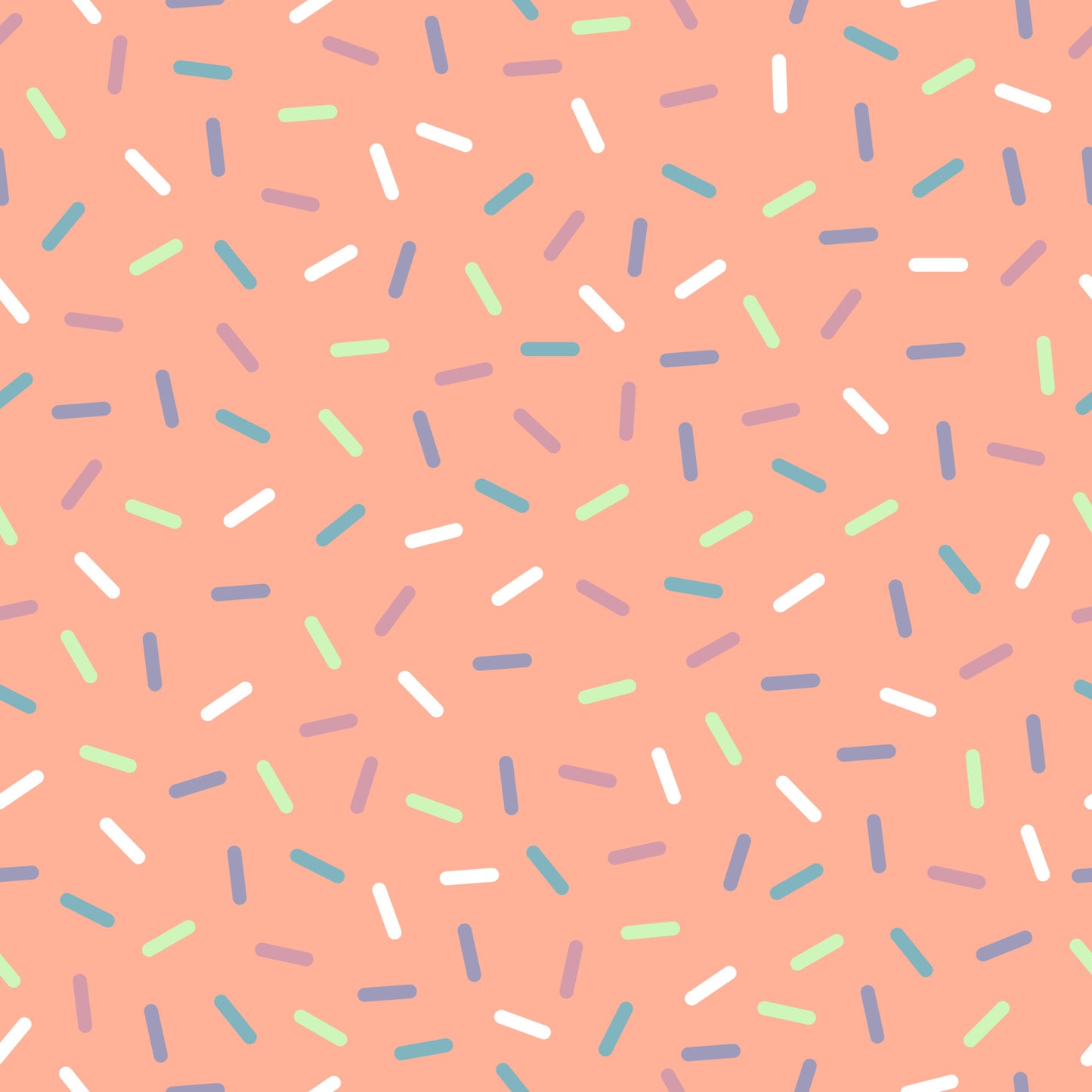 coral background, rainbow sprinkles, multicolored confetti, scattered pattern, white sprinkles, blue sprinkles, green sprinkles, purple sprinkles, teal accents, random placement, fun design, playful pattern, quilting cotton, fabric panel, sweet theme, candy inspired, celebration motif, cheerful mood, crafting material