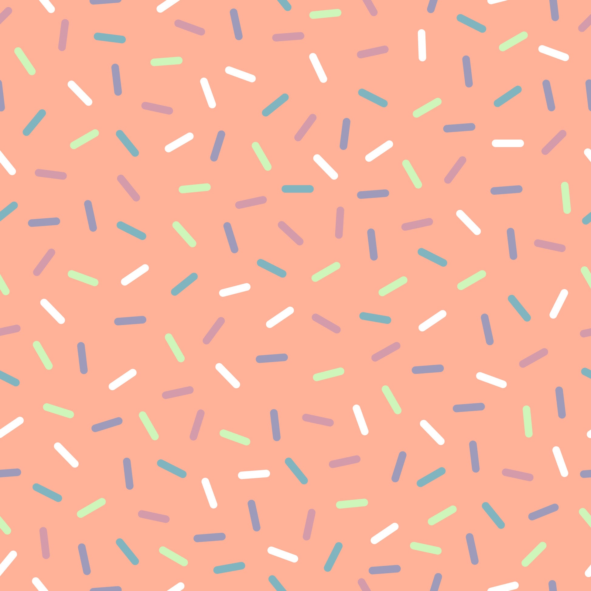 coral background, rainbow sprinkles, multicolored confetti, scattered pattern, white sprinkles, blue sprinkles, green sprinkles, purple sprinkles, teal accents, random placement, fun design, playful pattern, quilting cotton, fabric panel, sweet theme, candy inspired, celebration motif, cheerful mood, crafting material