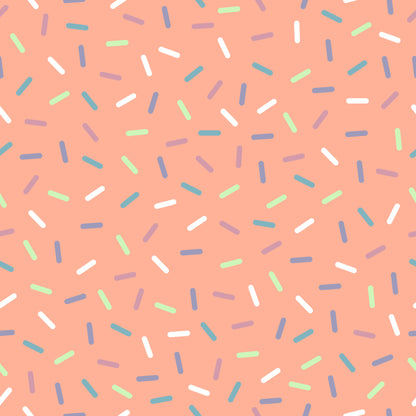 coral background, rainbow sprinkles, multicolored confetti, scattered pattern, white sprinkles, blue sprinkles, green sprinkles, purple sprinkles, teal accents, random placement, fun design, playful pattern, quilting cotton, fabric panel, sweet theme, candy inspired, celebration motif, cheerful mood, crafting material