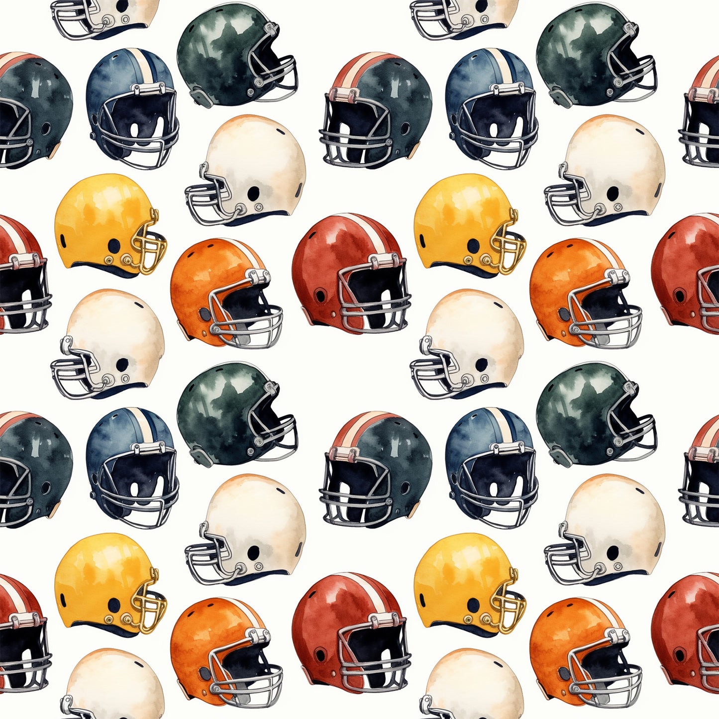 watercolor, football helmets, sports pattern, orange, yellow, green, navy blue, red, cream, repeating design, athletic theme, quilting cotton, fabric panel, sports motif, helmet collection, colorful arrangement, scattered layout, watercolor style, football gear, sports equipment