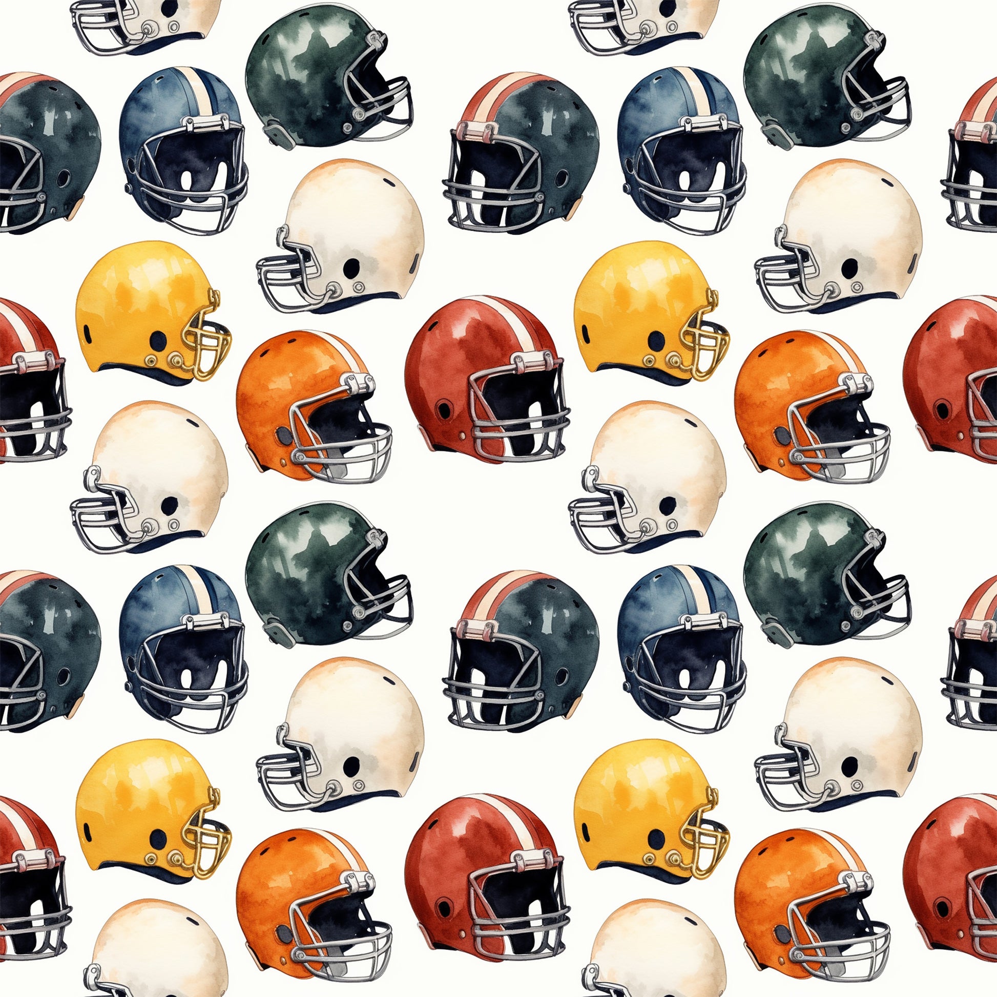 watercolor, football helmets, sports pattern, orange, yellow, green, navy blue, red, cream, repeating design, athletic theme, quilting cotton, fabric panel, sports motif, helmet collection, colorful arrangement, scattered layout, watercolor style, football gear, sports equipment