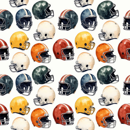 watercolor, football helmets, sports pattern, orange, yellow, green, navy blue, red, cream, repeating design, athletic theme, quilting cotton, fabric panel, sports motif, helmet collection, colorful arrangement, scattered layout, watercolor style, football gear, sports equipment