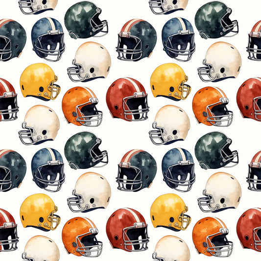 watercolor, football helmets, sports pattern, orange, yellow, green, navy blue, red, cream, repeating design, athletic theme, quilting cotton, fabric panel, sports motif, helmet collection, colorful arrangement, scattered layout, watercolor style, football gear, sports equipment