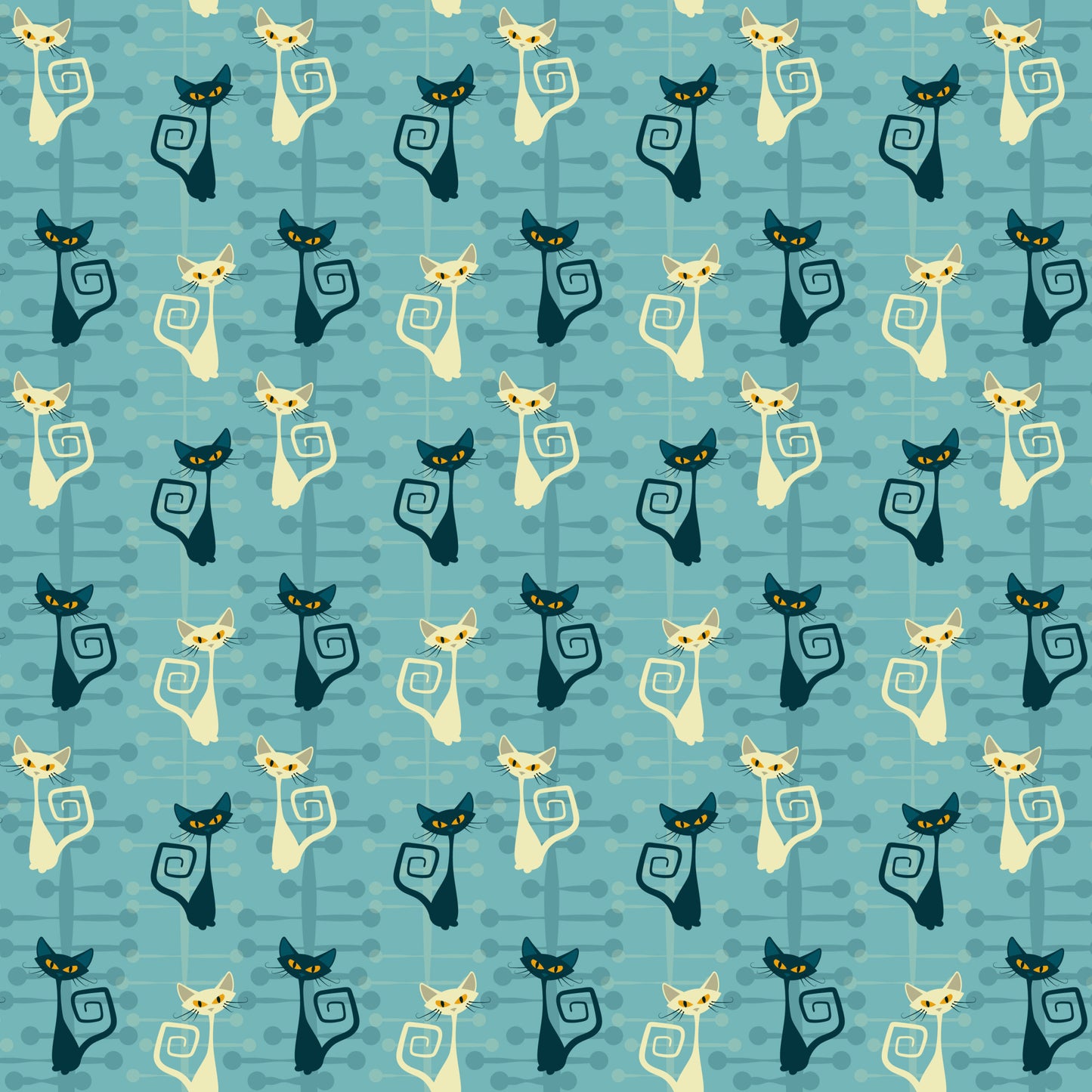 atomic cats, mid-century modern, stylized cats, turquoise blue, cream cats, black cats, yellow eyes, spiral tails, retro pattern, geometric design, quilting cotton, fabric panel, modern art style, sleek silhouettes, alternating colors, minimalist cats, atomic age, contemporary quilting, crafting fabric, repeated motif