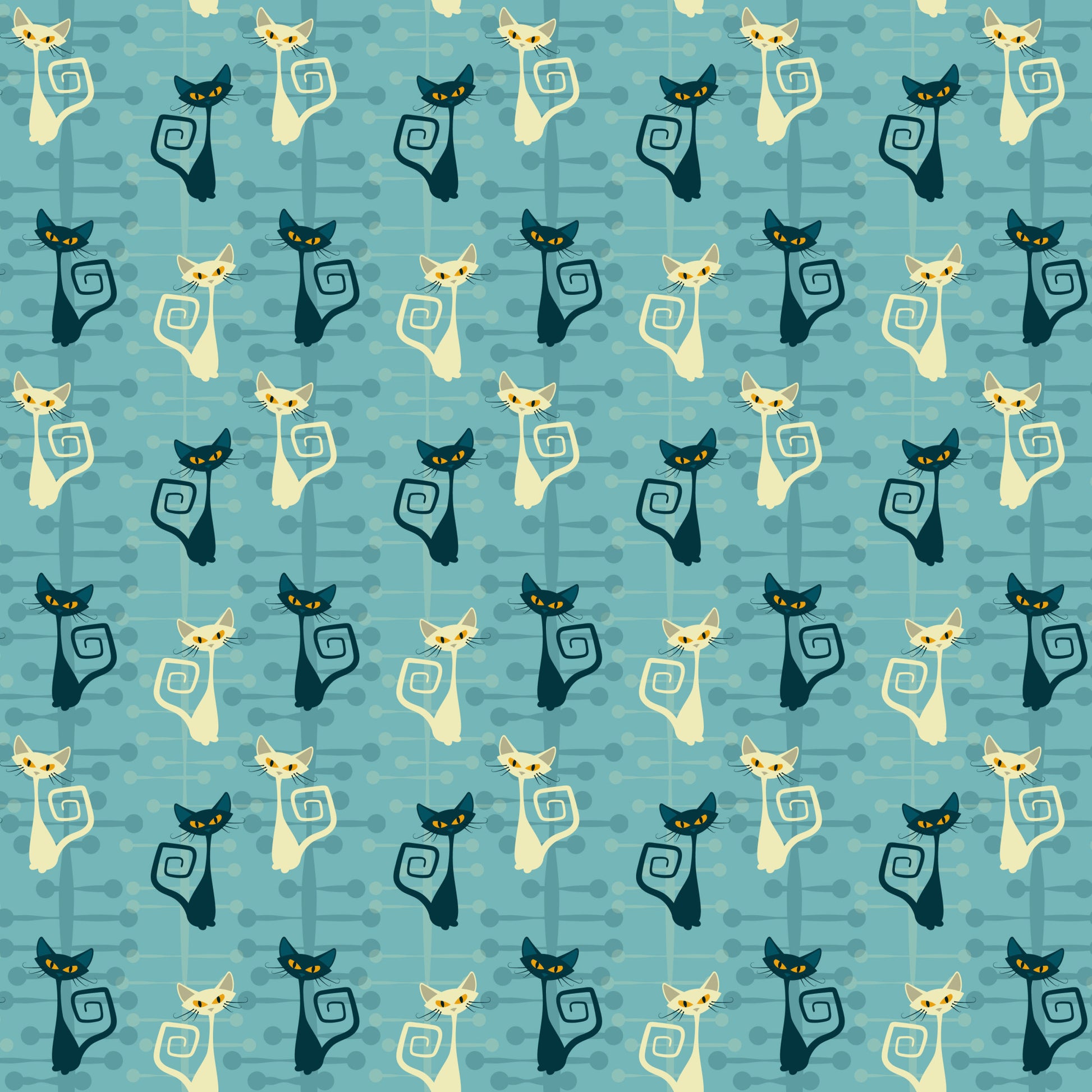 atomic cats, mid-century modern, stylized cats, turquoise blue, cream cats, black cats, yellow eyes, spiral tails, retro pattern, geometric design, quilting cotton, fabric panel, modern art style, sleek silhouettes, alternating colors, minimalist cats, atomic age, contemporary quilting, crafting fabric, repeated motif