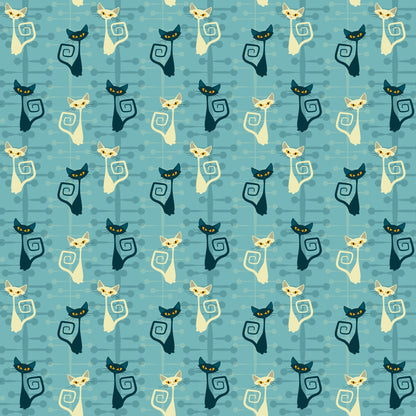 atomic cats, mid-century modern, stylized cats, turquoise blue, cream cats, black cats, yellow eyes, spiral tails, retro pattern, geometric design, quilting cotton, fabric panel, modern art style, sleek silhouettes, alternating colors, minimalist cats, atomic age, contemporary quilting, crafting fabric, repeated motif