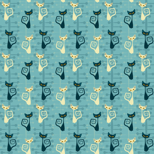 atomic cats, mid-century modern, stylized cats, turquoise blue, cream cats, black cats, yellow eyes, spiral tails, retro pattern, geometric design, quilting cotton, fabric panel, modern art style, sleek silhouettes, alternating colors, minimalist cats, atomic age, contemporary quilting, crafting fabric, repeated motif