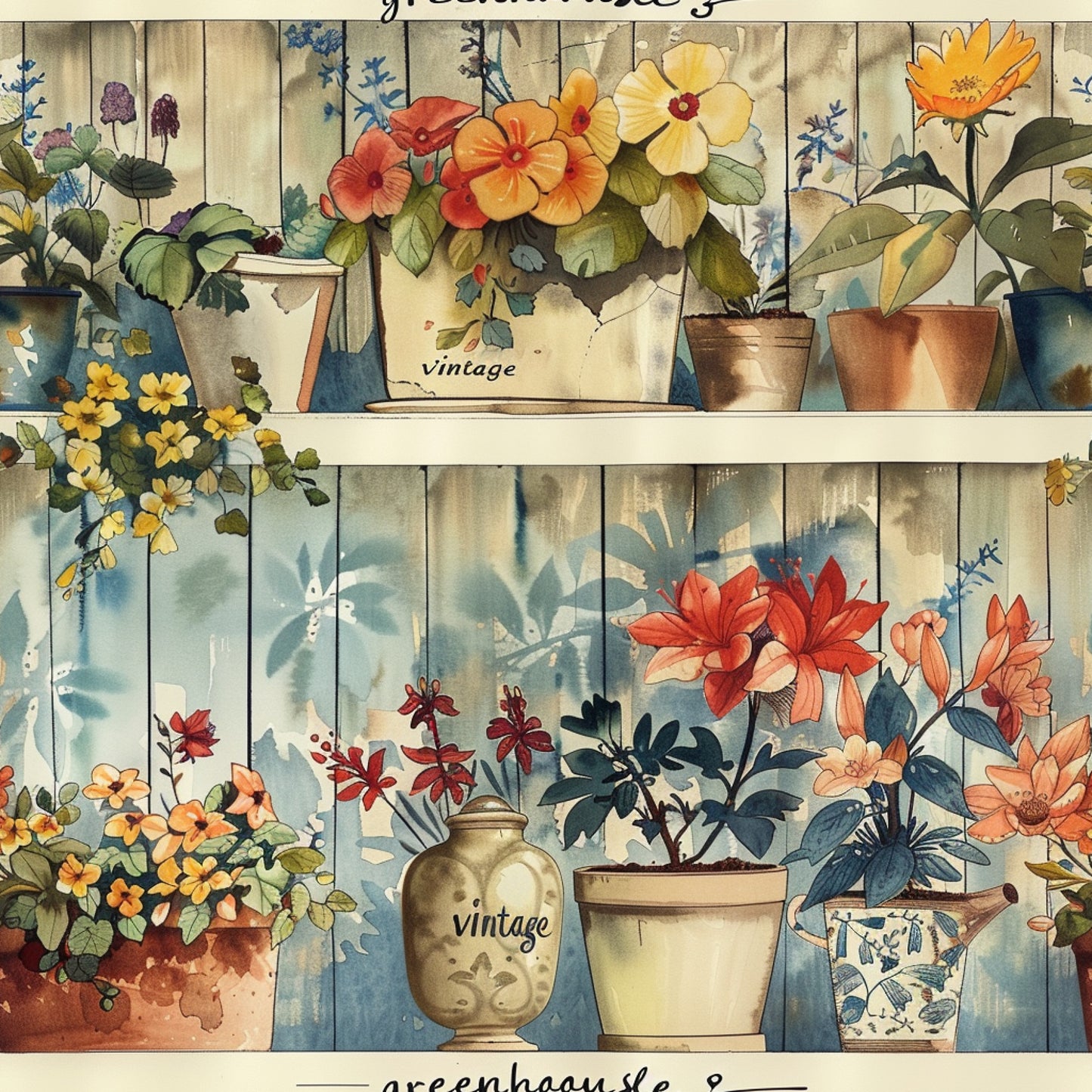 vintage floral, potted plants, botanical illustration, watercolor style, orange flowers, yellow blooms, red petals, cream background, wooden planks, terracotta pots, ceramic vases, greenhouse shelves, cottage garden, rustic charm, quilting cotton, fabric panel, soft pastels, country living, plant motifs, gardening theme