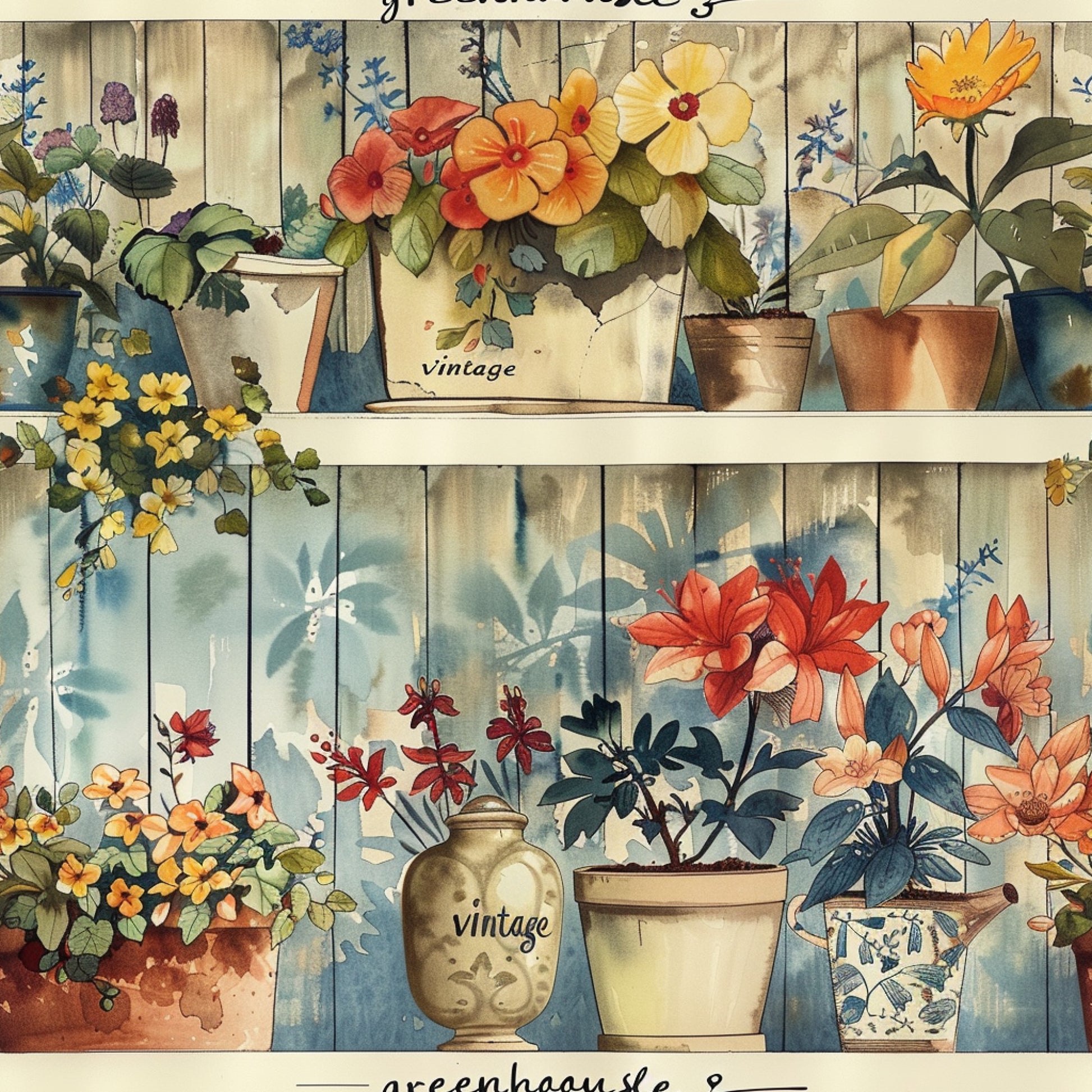 vintage floral, potted plants, botanical illustration, watercolor style, orange flowers, yellow blooms, red petals, cream background, wooden planks, terracotta pots, ceramic vases, greenhouse shelves, cottage garden, rustic charm, quilting cotton, fabric panel, soft pastels, country living, plant motifs, gardening theme