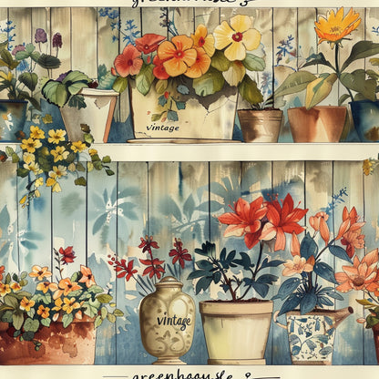 vintage floral, potted plants, botanical illustration, watercolor style, orange flowers, yellow blooms, red petals, cream background, wooden planks, terracotta pots, ceramic vases, greenhouse shelves, cottage garden, rustic charm, quilting cotton, fabric panel, soft pastels, country living, plant motifs, gardening theme