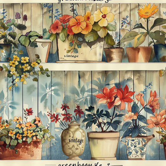 vintage floral, potted plants, botanical illustration, watercolor style, orange flowers, yellow blooms, red petals, cream background, wooden planks, terracotta pots, ceramic vases, greenhouse shelves, cottage garden, rustic charm, quilting cotton, fabric panel, soft pastels, country living, plant motifs, gardening theme