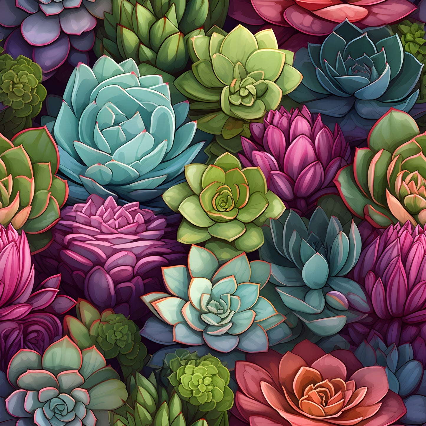 succulents, botanical pattern, quilting cotton, fabric panel, turquoise, sage green, magenta, coral pink, purple, teal blue, lime green, rosette shapes, echeveria, sempervivum, clustered arrangement, vibrant colors, nature motif, garden theme, seamless pattern, crafting fabric