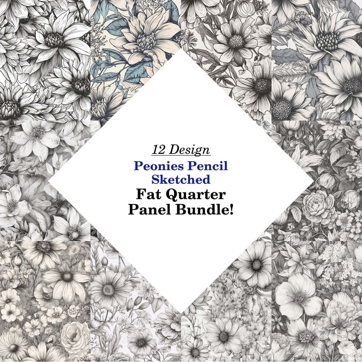 Peonies Pencil Sketched Fat Quarter Bundle