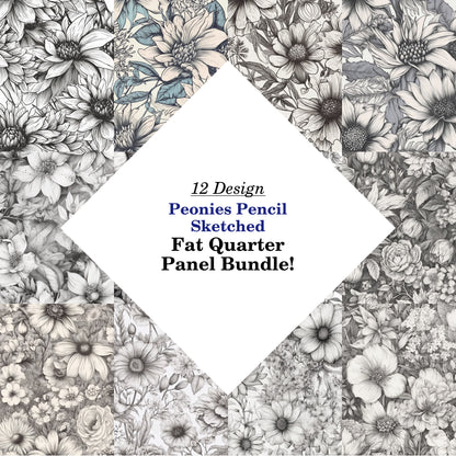 Peonies Pencil Sketched Fat Quarter Bundle