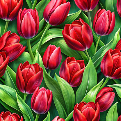 red tulips, pink tulips, crimson flowers, green leaves, realistic botanical, floral pattern, spring flowers, quilting cotton, fabric panel, vibrant colors, garden blooms, tulip bouquet, nature design, bright red, coral pink, emerald green, detailed petals, seamless repeat, fresh spring, botanical illustration