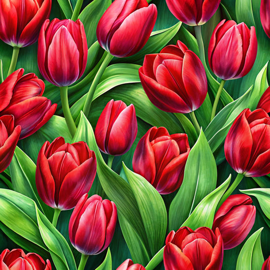 red tulips, pink tulips, crimson flowers, green leaves, realistic botanical, floral pattern, spring flowers, quilting cotton, fabric panel, vibrant colors, garden blooms, tulip bouquet, nature design, bright red, coral pink, emerald green, detailed petals, seamless repeat, fresh spring, botanical illustration