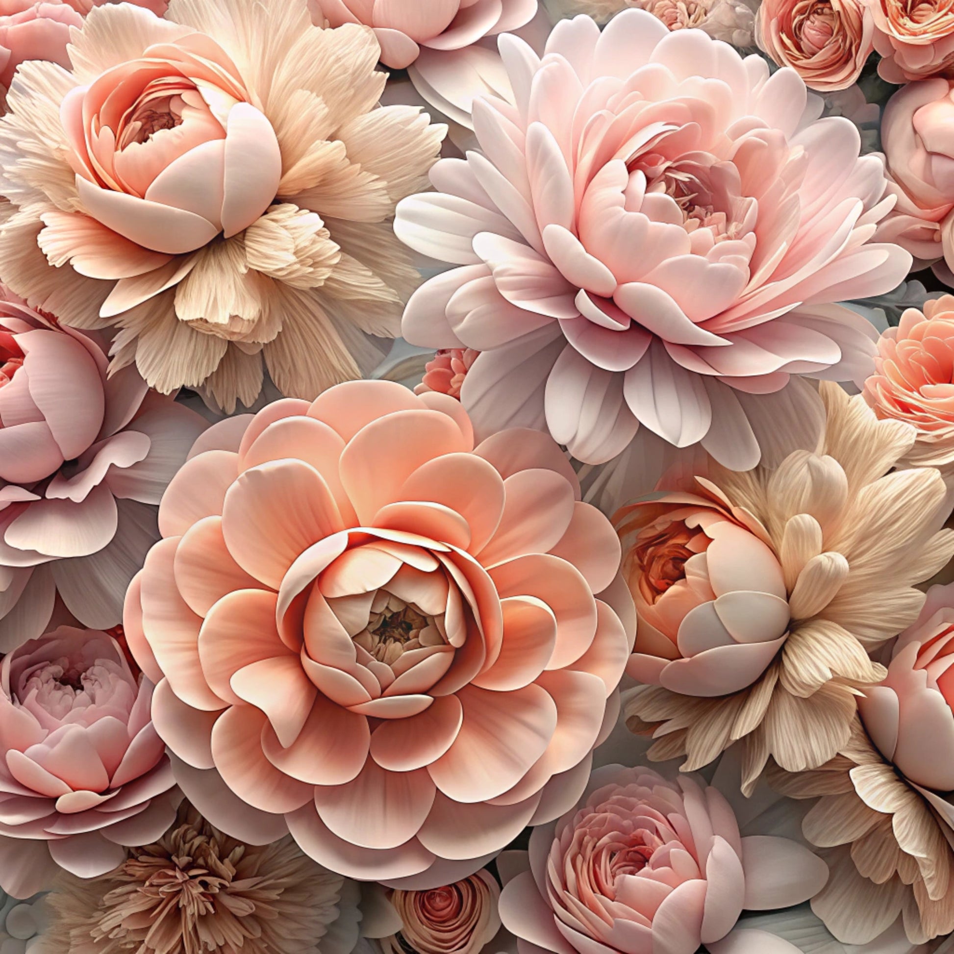 peach flowers, coral blooms, cream petals, soft pink, beige tones, realistic floral, layered petals, ranunculus style, peonies, romantic florals, botanical pattern, dimensional flowers, quilting cotton, fabric panel, delicate blooms, pastel palette, floral arrangement, natural beauty, sophisticated design, blush colors
