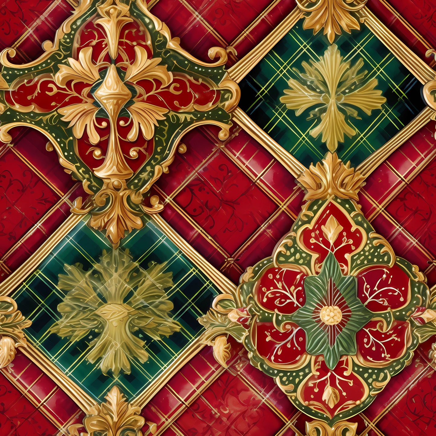 red, green, gold, burgundy, christmas, ornate medallions, floral motifs, geometric diamonds, plaid background, decorative scrollwork, quatrefoil shapes, baroque style, ornamental design, quilting cotton, fabric panel, holiday pattern, rich colors, elegant flourishes, festive theme, luxury appearance