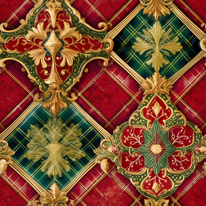 red, green, gold, burgundy, christmas, ornate medallions, floral motifs, geometric diamonds, plaid background, decorative scrollwork, quatrefoil shapes, baroque style, ornamental design, quilting cotton, fabric panel, holiday pattern, rich colors, elegant flourishes, festive theme, luxury appearance
