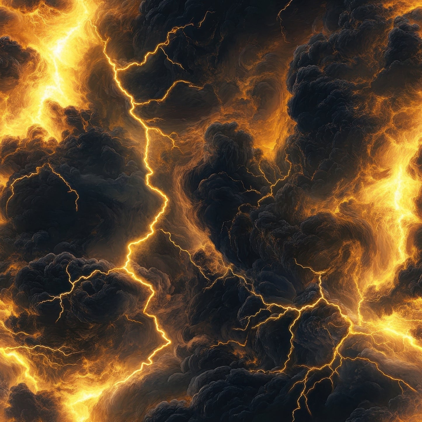 thunderbolt, lightning, storm clouds, dramatic sky, golden yellow, amber, dark gray, charcoal, electrical bolts, weather pattern, tempest, atmospheric, moody, intense, quilting cotton, fabric panel, stormy scene, electric energy, turbulent clouds, nature forces