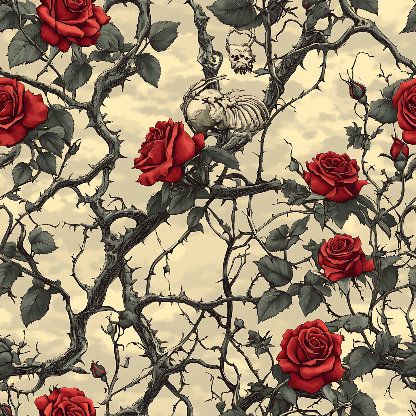 deep red roses, thorny vines, skeletal remains, gothic pattern, cream background, dark green leaves, skull motifs, bramble thorns, macabre aesthetic, vintage illustration style, repeating pattern, quilting cotton, fabric panel, spooky theme, botanical elements, red blooms, twisted branches, halloween motif, dramatic contrast, ornate design