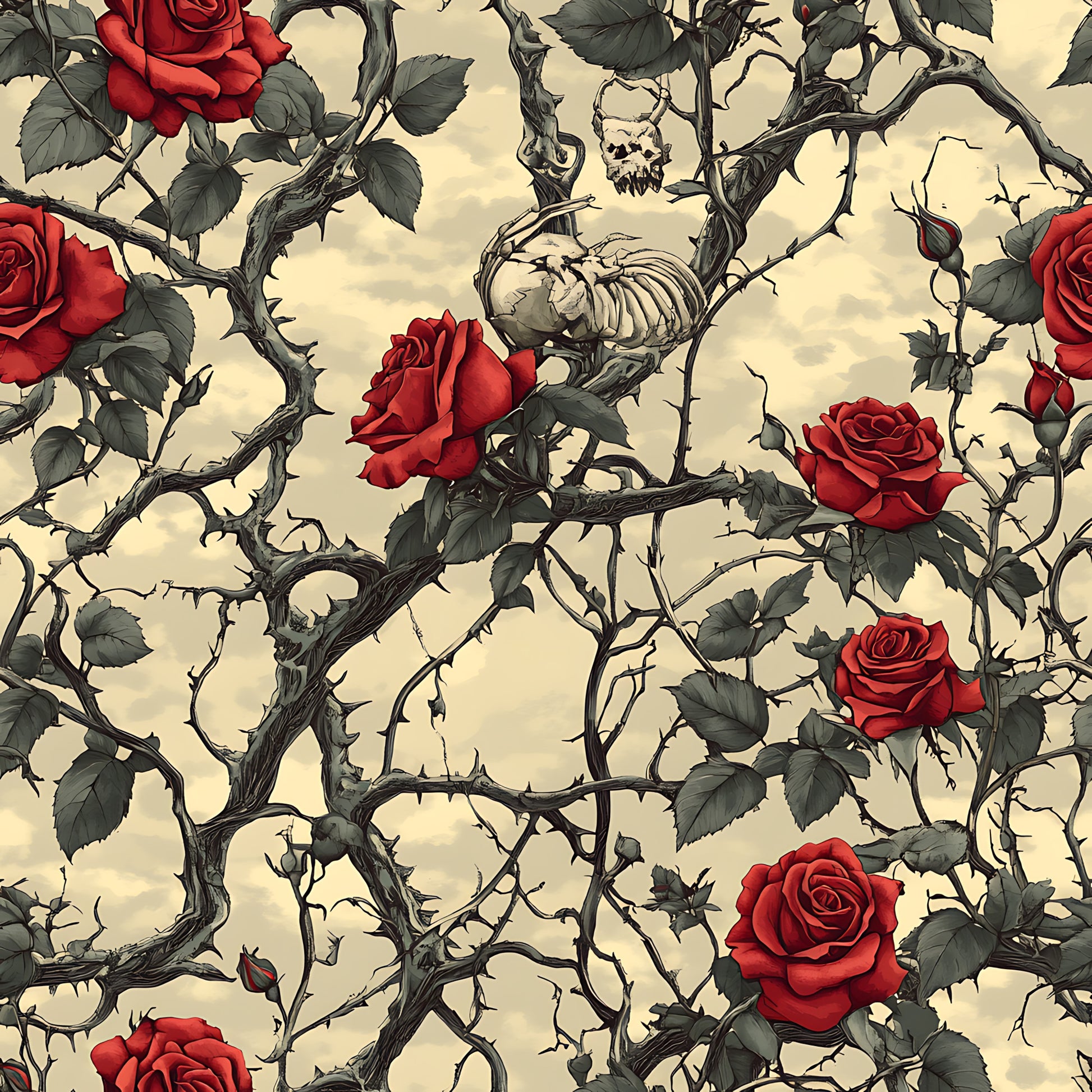 deep red roses, thorny vines, skeletal remains, gothic pattern, cream background, dark green leaves, skull motifs, bramble thorns, macabre aesthetic, vintage illustration style, repeating pattern, quilting cotton, fabric panel, spooky theme, botanical elements, red blooms, twisted branches, halloween motif, dramatic contrast, ornate design