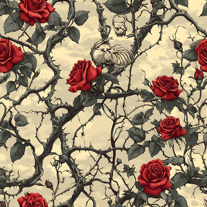 deep red roses, thorny vines, skeletal remains, gothic pattern, cream background, dark green leaves, skull motifs, bramble thorns, macabre aesthetic, vintage illustration style, repeating pattern, quilting cotton, fabric panel, spooky theme, botanical elements, red blooms, twisted branches, halloween motif, dramatic contrast, ornate design
