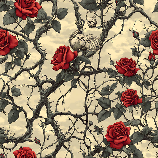 deep red roses, thorny vines, skeletal remains, gothic pattern, cream background, dark green leaves, skull motifs, bramble thorns, macabre aesthetic, vintage illustration style, repeating pattern, quilting cotton, fabric panel, spooky theme, botanical elements, red blooms, twisted branches, halloween motif, dramatic contrast, ornate design