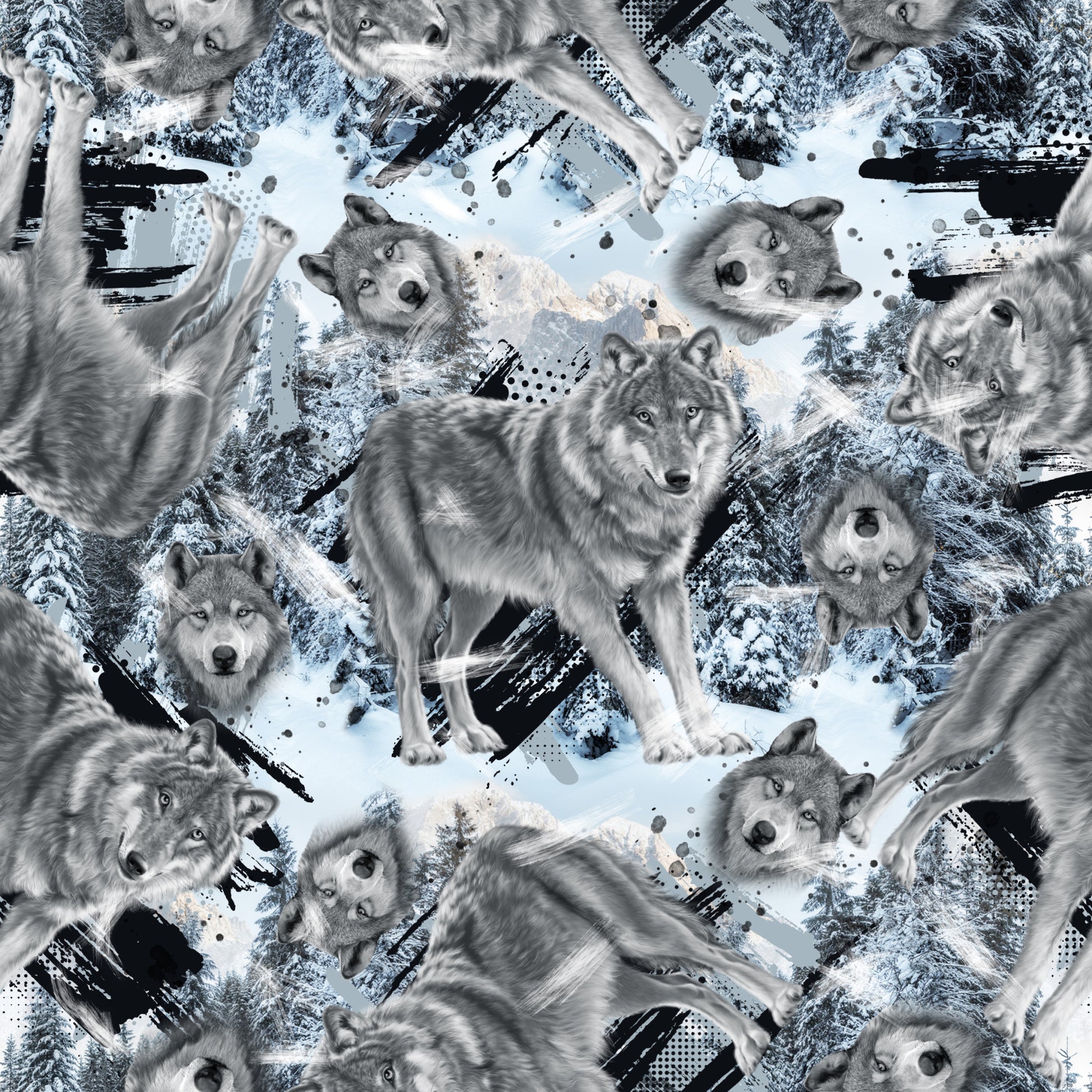 winter wolves, gray wolves, snow scenes, monochrome palette, black and white, silver tones, wildlife pattern, pack animals, forest creatures, quilting cotton, fabric panel, winter theme, realistic wolves, snowy landscape, animal portraits, wild nature, wolf heads, full body wolves, winter scenery, brushstroke effects