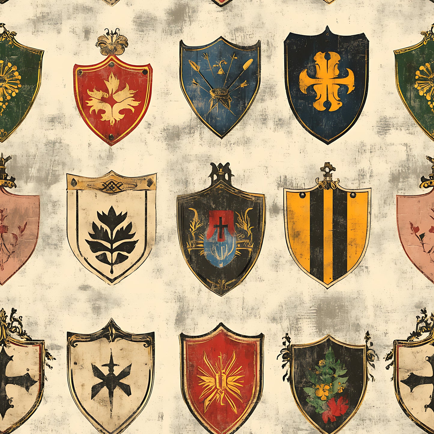 medieval shields, heraldic crests, coat of arms, rustic banners, vintage weathered, distressed texture, red burgundy, navy blue, forest green, golden yellow, cream beige, floral motifs, cross symbols, sun rays, botanical elements, quilting cotton, fabric panel, aged parchment, european heraldry, knight emblems