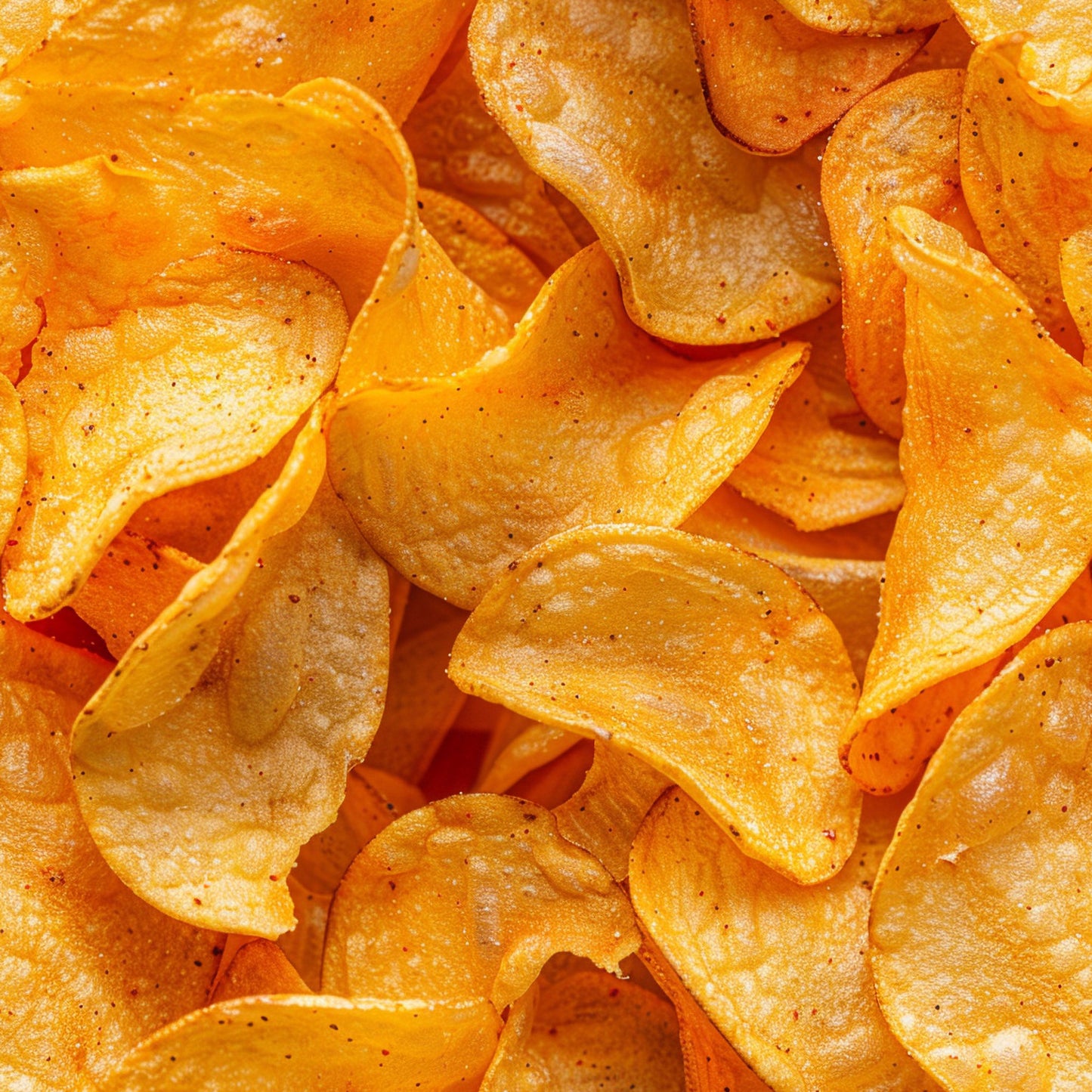 orange, golden yellow, potato chips, junk food, snack food, crispy texture, seasoned, speckled, curved shapes, overlapping pattern, realistic style, food illustration, quilting cotton, fabric panel, appetizing, crunchy snacks, golden brown, textured surface, repeating motif