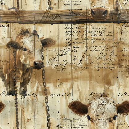 beige, tan, brown, cream, rustic, cows, cattle, farm animals, vintage style, distressed wood, handwritten script, chains, weathered planks, barn wood, quilting cotton, fabric panel, farmhouse, pastoral, aged paper, sepia tones