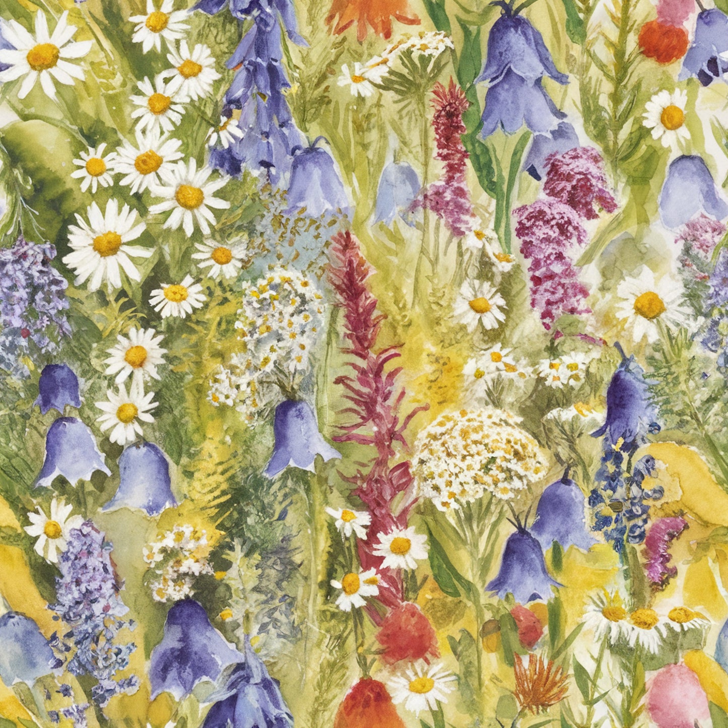 wildflower meadow, watercolor style, botanical illustration, purple bluebells, white daisies, yellow centers, pink flowers, lavender blooms, green foliage, spring garden, natural motif, floral pattern, quilting cotton, fabric panel, cottage core, whimsical design, soft pastels, meadow flowers, artistic rendering
