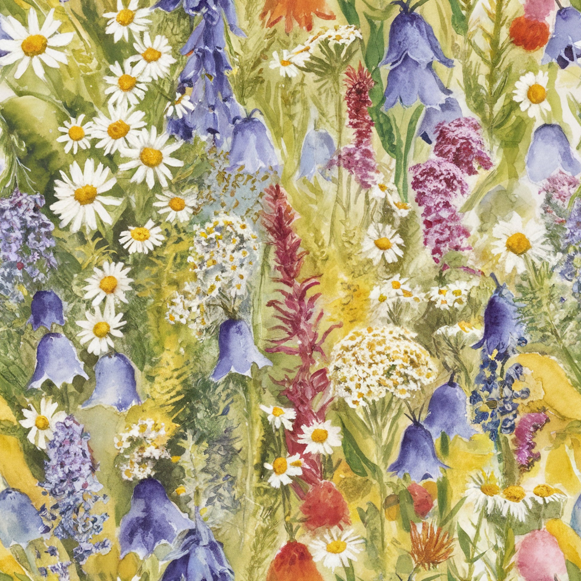 wildflower meadow, watercolor style, botanical illustration, purple bluebells, white daisies, yellow centers, pink flowers, lavender blooms, green foliage, spring garden, natural motif, floral pattern, quilting cotton, fabric panel, cottage core, whimsical design, soft pastels, meadow flowers, artistic rendering