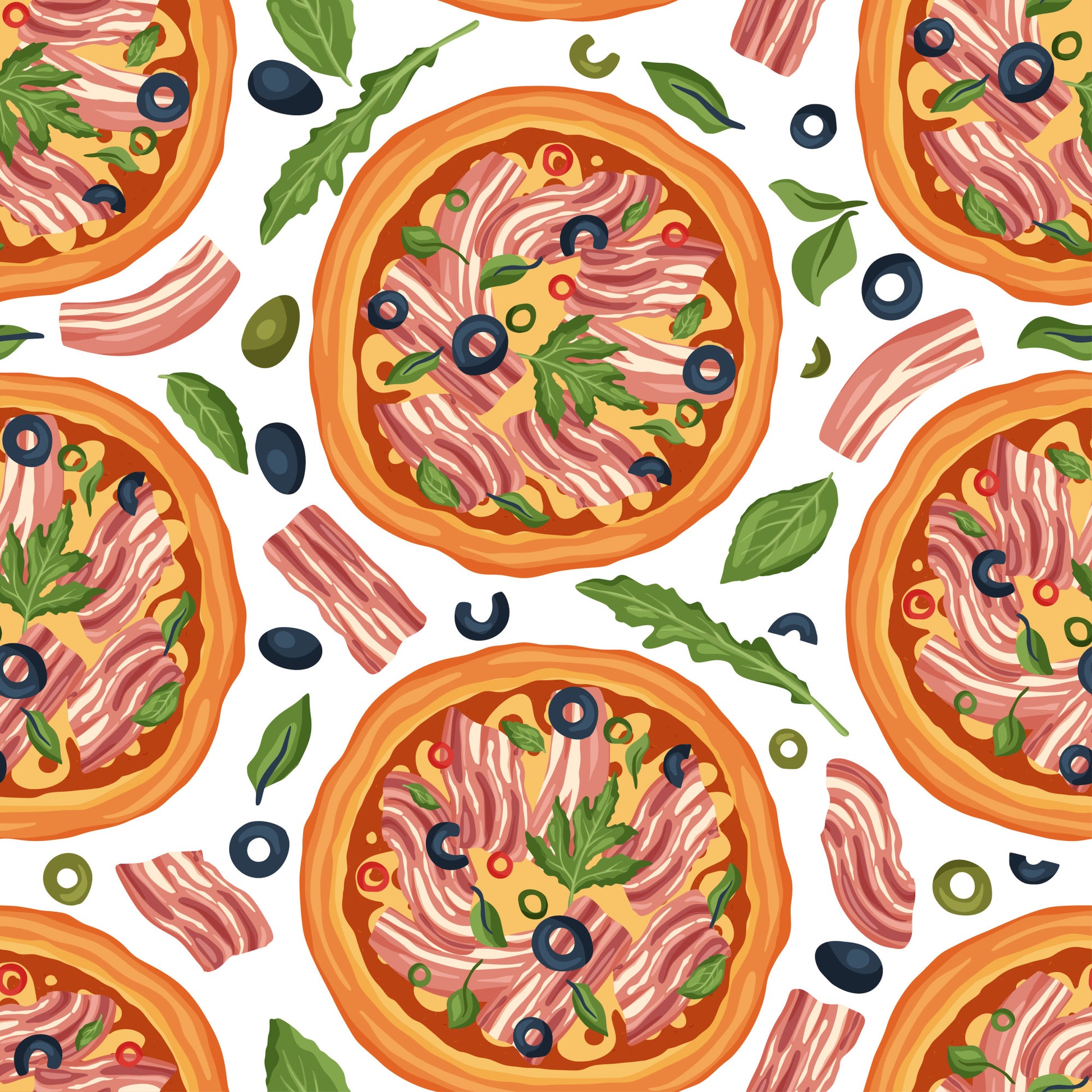 pizza pattern, food motif, orange crust, pink bacon, green basil, black olives, yellow cheese, white background, seamless repeat, italian cuisine, cooking theme, kitchen fabric, quilting cotton, fabric panel, colorful illustration, cartoon style, tossed design, culinary print, recipe inspired, mediterranean food